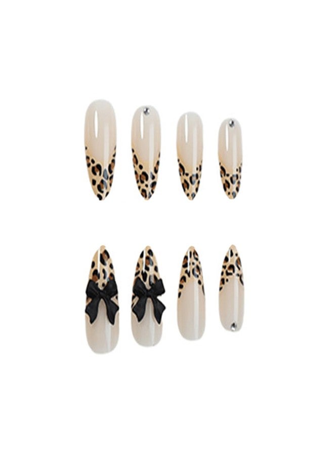 SINHOT Almond Press on Nails Medium Fake Nails Glossy Glue on Nails Leopard Print Acrylic Nails 3D Bowknot Stiletto Artificial Nails French Tip Stick on False Nails with Design 24 pcs - Image 2